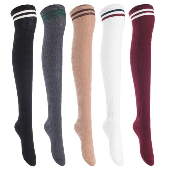 5 Pairs Awesome Women Thigh High Cotton Boot Socks. Comfortable, Durable Knee High Socks Size 6-9 Black, Dark Grey, Khaki, White, Wine T1023-5c7