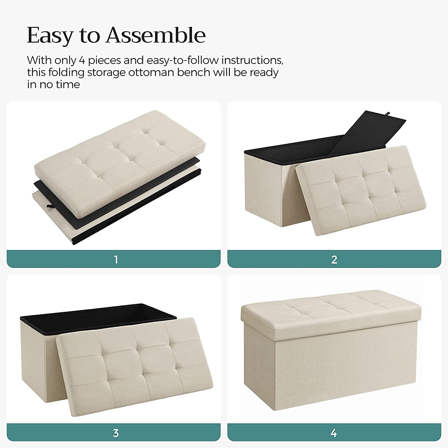 SONGMICS 30" Storage Ottoman Bench Ottoman with Storage Footstool Hold up to 660 lb for Bedroom Living Room Beige