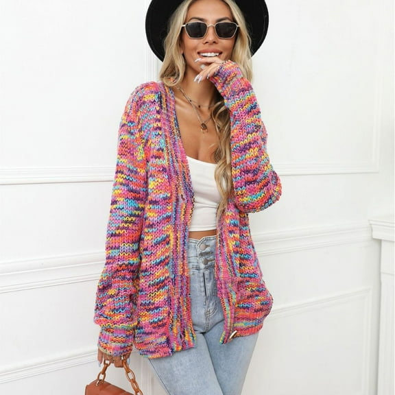 BUWTTED Sweaters for Women Long Sleeve Crew Neck Rainbow Knit Cardigan Open Front Fall Winter Tunic Cozy Women Sweaters Hot Pink L