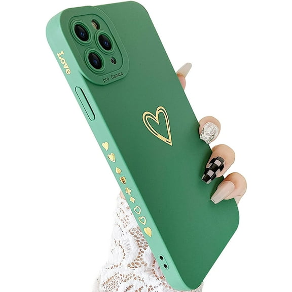 Compatible with iPhone 11 Pro Max Case, Gold Heart Pattern Soft Liquid Silicone Shockproof Case for Women Girls Side Cute Plated Heart Pattern Slim Phone Case (Yellow)