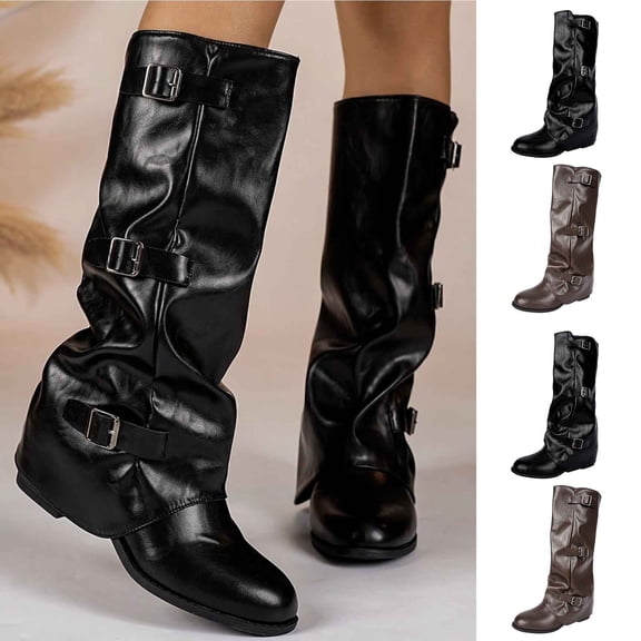 Women's Street Style Boots Slouchy Mid-Calf Round Toe Buckle Strap Medium Block Heel Fall Winter Fashion Riding Boots Brown 9.5(43)