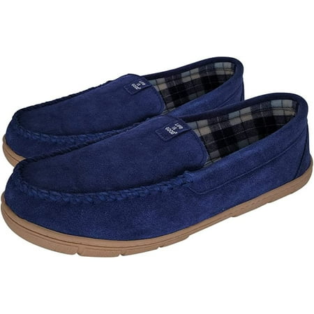 

LIFE IS GOOD Men s Plain Toe Moccasin House Shoes 302792M - Suede Close Back Indoor/Outdoor Slip-Ons - Comfy & Durable Loafers with Cushioned Footbed & TPR Outsoles Dk Blue/Plaid - Size 9