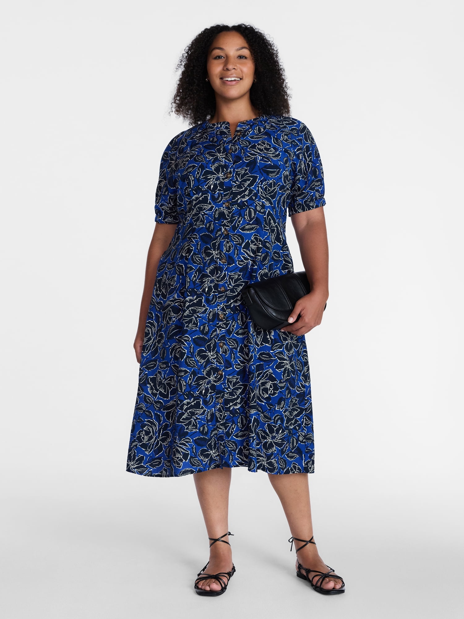 Time and Tru Women Short Sleeve Midi Shirt Dress, Sizes XS-XXXL