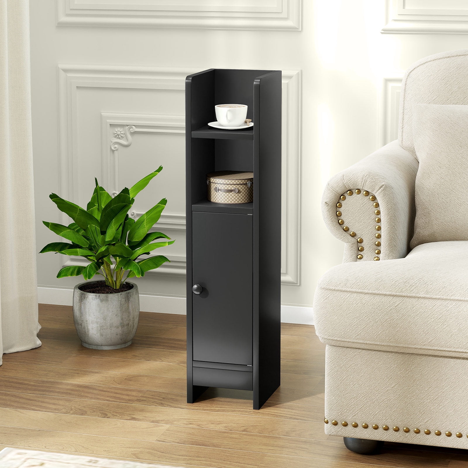 Topbuy Bathroom Storage Cabinet Small Corner Floor Cabinet with Door and Adjustable Shelves Toilet Paper Holder Stand Black