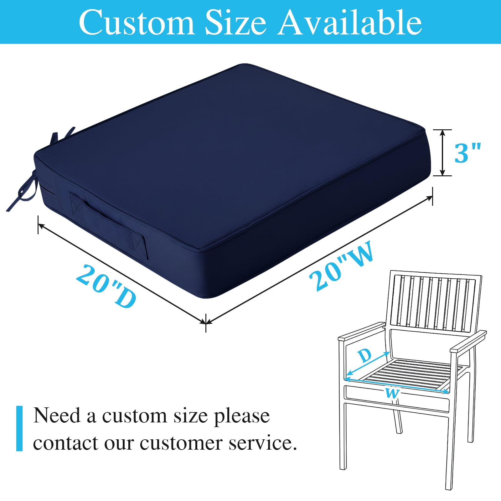 Jane Stone 2pcs Outdoor Seat Cushions with handle and Ties, 20" x 20" x 3" Water-resistant Outdoor Seat Pads, Extra Thick Patio Chair Cushions for Patio Furniture - Navy Blue