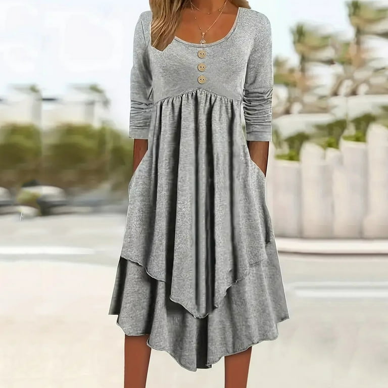 chinese dress ladies ZESICA Long Sleeve Crew Neck Ruffle Tiered Chiffon Midi Dress  zesica