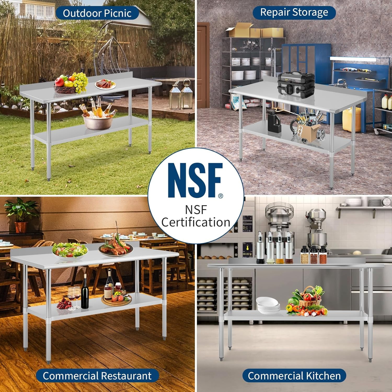 Stainless Steel Prep Table, 2-Tier Work Table with Backsplash & Adjustable Shelf,Heavy-Duty Metal Commercial Work Table for Outdoor Use,Restaurants,Hotels,Workshops,Kitchens,Gardens and Garages