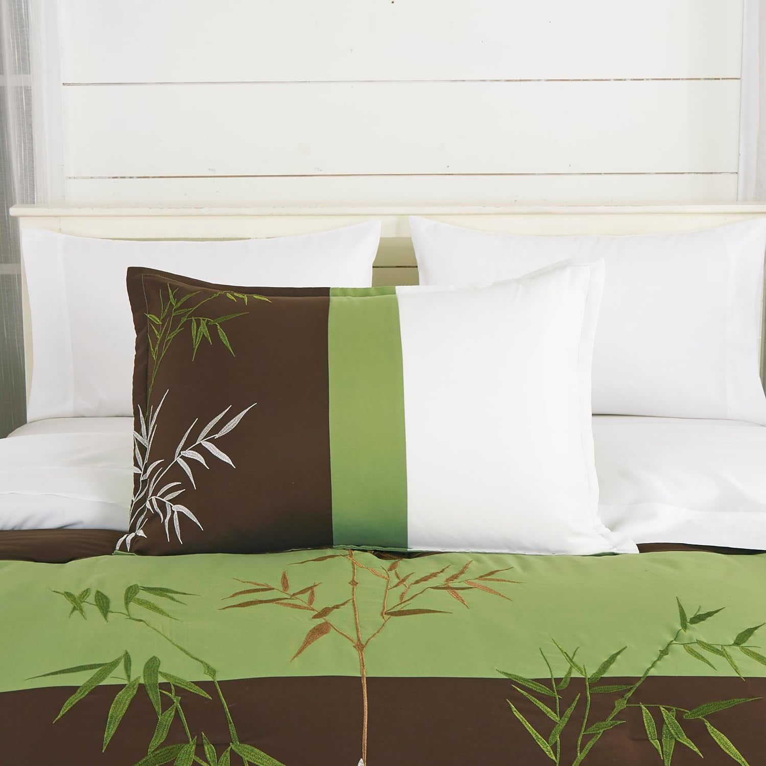 Chezmoi Collection Simon 7-Piece Bamboo Embroidered Bed in a Bag Comforter Set King Size, Sage Green Brown Ivory Bamboo Grass Microfiber Comforter Bedding with Sheet Set