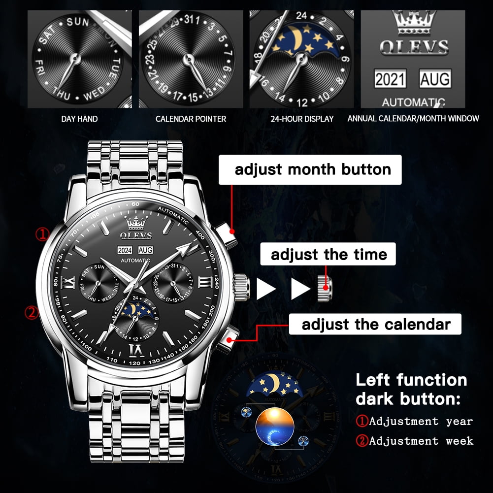 OLEVS Automatic Watches for Mens Self Winding Mechanical Multifunction Chronograph Luxury Business Dress Moon Phase Stainless Steel Waterproof Luminous Calendar Mens Wrist Watches Reloj Para Hombre