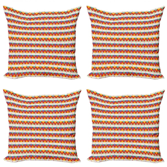 Tribal Throw Pillow Cushion Case Pack of 4, Chevron Zigzags Pattern with Colorful Triangles and Stripes Hand Drawn Lines, Modern Accent Double-Sided Print, 4 Sizes, Multicolor, by Ambesonne