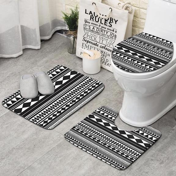 Black White Ethnic Pattern Bathroom Rugs Sets 3 Piece,Toilet Cover Set,Absorbent Non Slip Bathroom Mats Sets with U-Shaped Contour Rug Toilet Rug Set