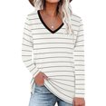 thumbnail image 3 of V Neck Striped Top Long Sleeve Side Slit Loose Casual Women's Pullover Sweatshirt for Office White S, 3 of 5