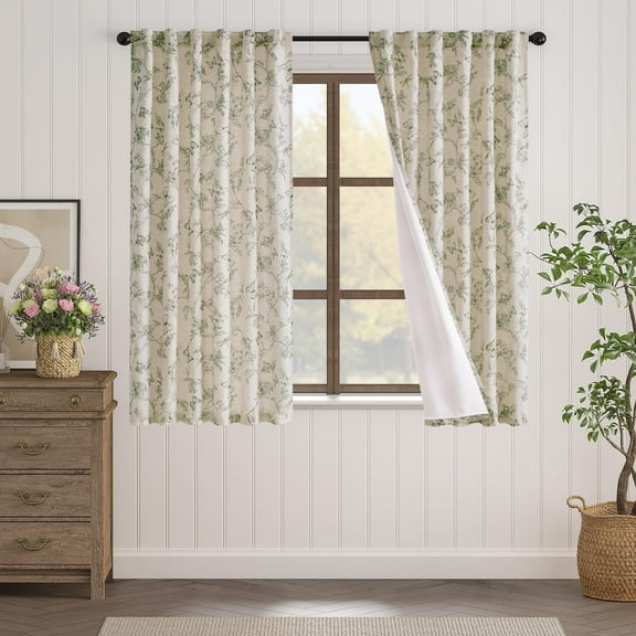 Linen Farmhouse Green Floral Curtains 63 Inch Length Back Tab Drapes for Living Room Bedroom Light Filtering Country Vintage Rod Pocket, 2 Panels, Green on Beige