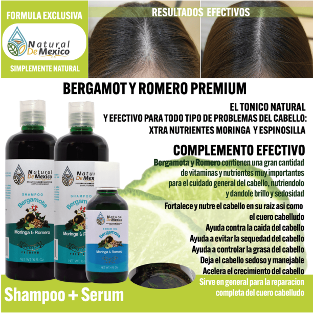 2 Shampoos + Serum de Bergamota, Moringa y Romero