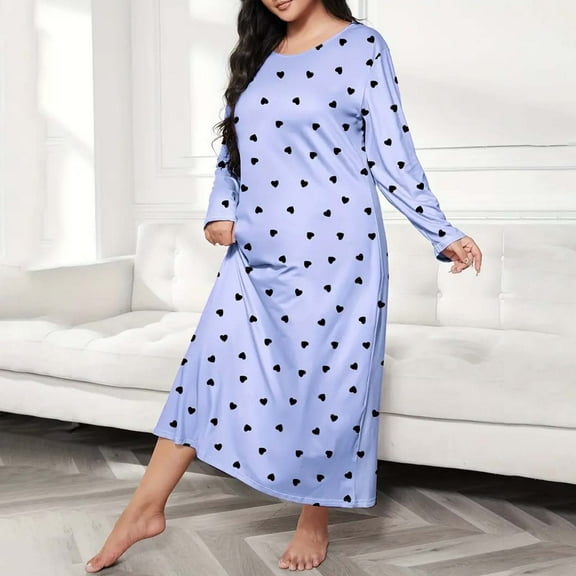 Plus Size Casual Sleep Dress Women's Plus Heart Print Long Sleeve Round Neck Medium Stretch Loose Nightdress, Anti-Pill Brushed Nightgowns for Durability