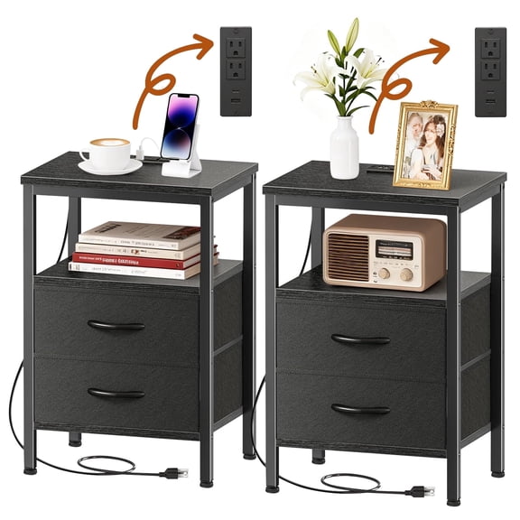 Atilioo Nightstand Set of 2 with Charging Station, Bedside Table with 2 Adjustable Fabric Drawers, 3-Tier Storage End Table for Living Room Bedroom, Black