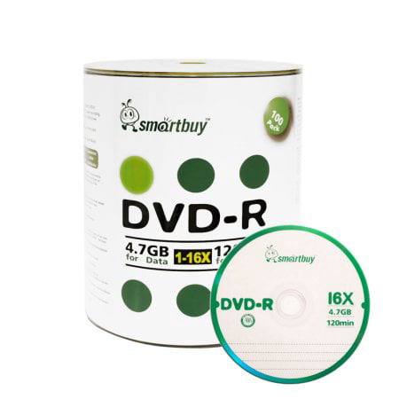 100 Pack Smartbuy 16X DVD-R 4.7GB 120Min Logo Top (Non-Printable) Data Blank Media Recordable
