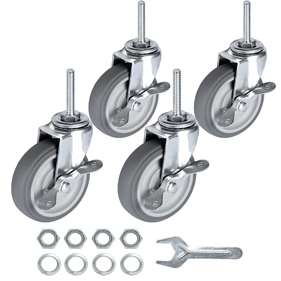 Caster Wheels 3 Inch Set of 4 Heavy Duty Threaded Stem Casters 5/16"-18x1-1/2 Swivel Rubber Industrial Castors Locking Wheels for Wire Shelving/Furniture/Carts Load Bearing 720 Lbs Gray