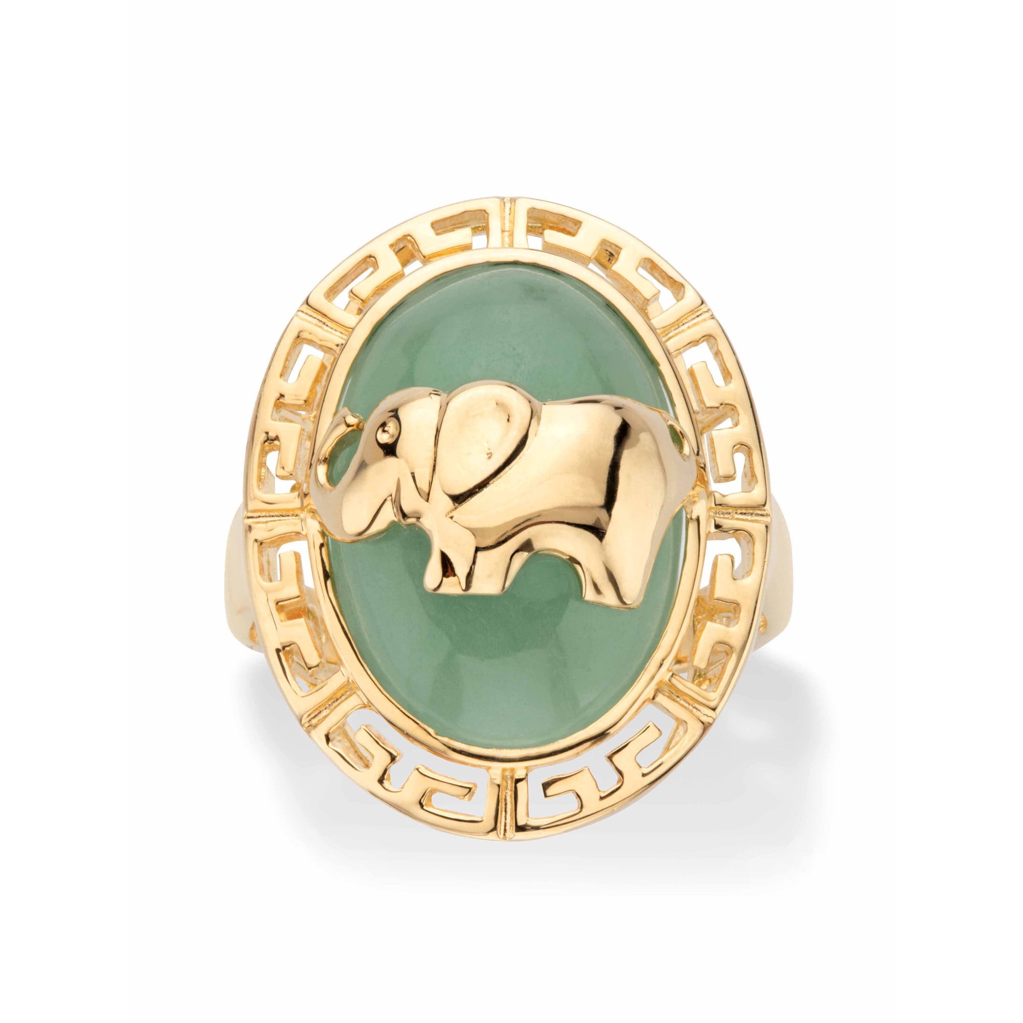 PalmBeach Jewelry Genuine Green Jade Oval Dome Elephant Ring in 14k Gold-plated Sterling Silver