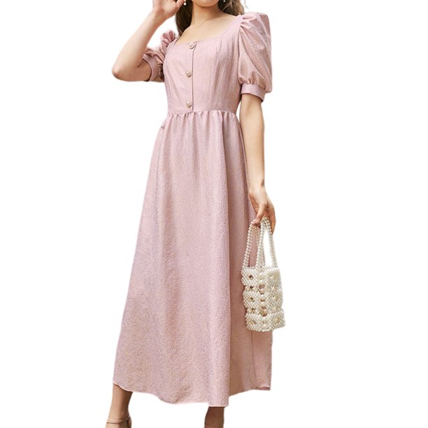 Vestimenta Casual vestido de mujer informal elegante con falda y manga abullonada con cuello cuadrado y botones Cgtredaw Para estrenar