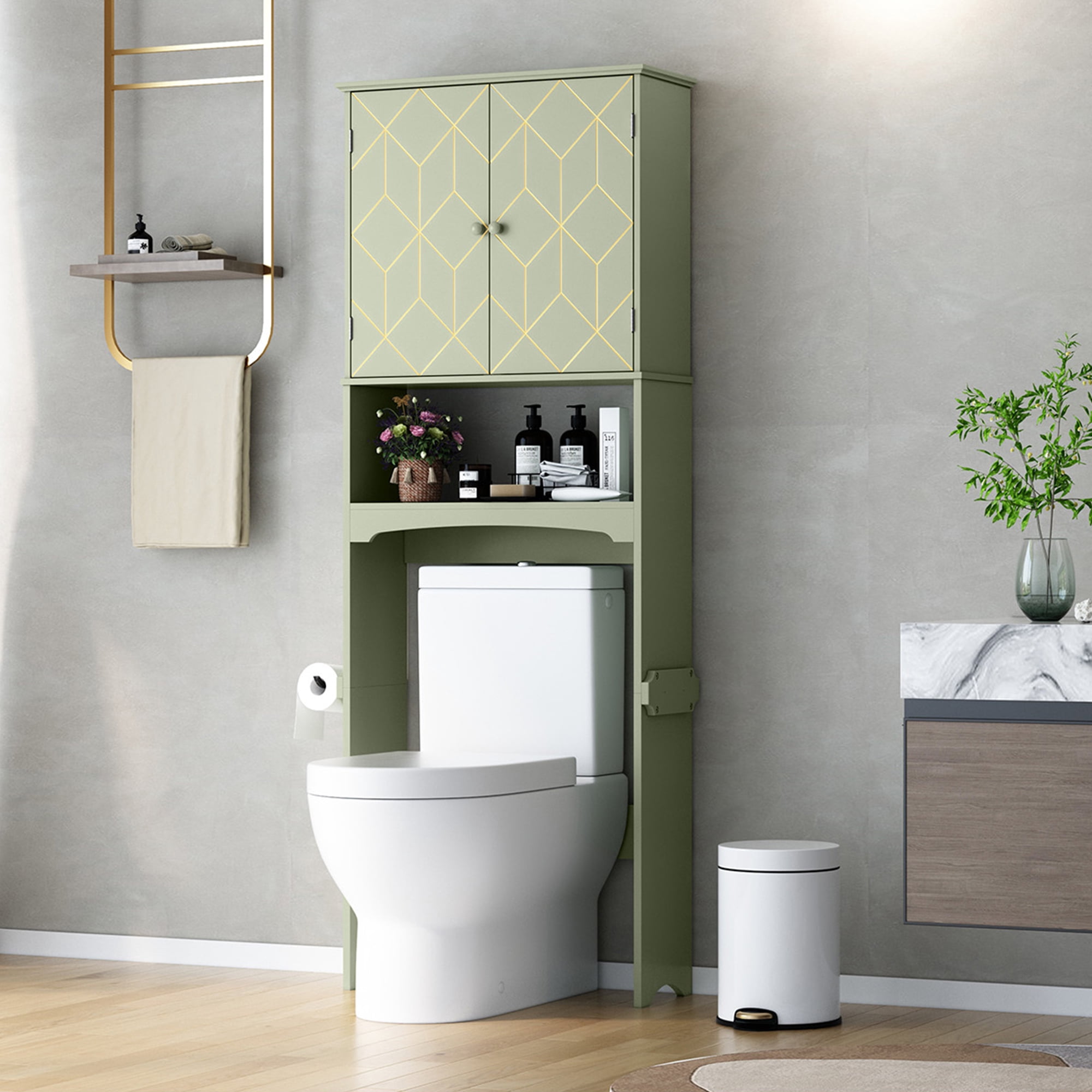 Over the Toilet Storage with Geometric Design, Bathroom Organizer with Toilet Paper Holder, Green