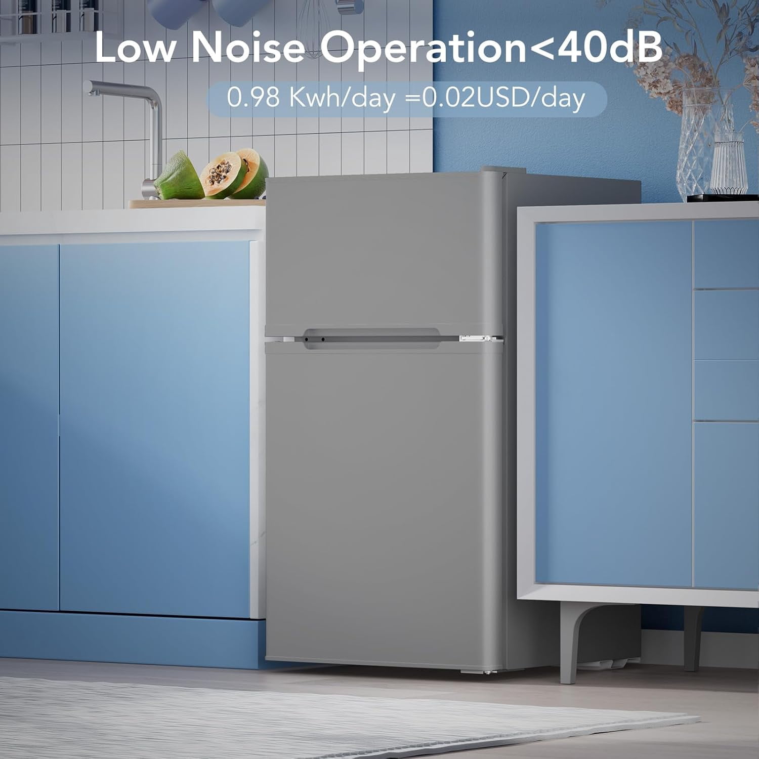 3.1 Cu.Ft Double-Door Compact Mini Fridge with Freezer & Adjustable Glass Shelves -Grey for Dorm, Bedroom, Apartment