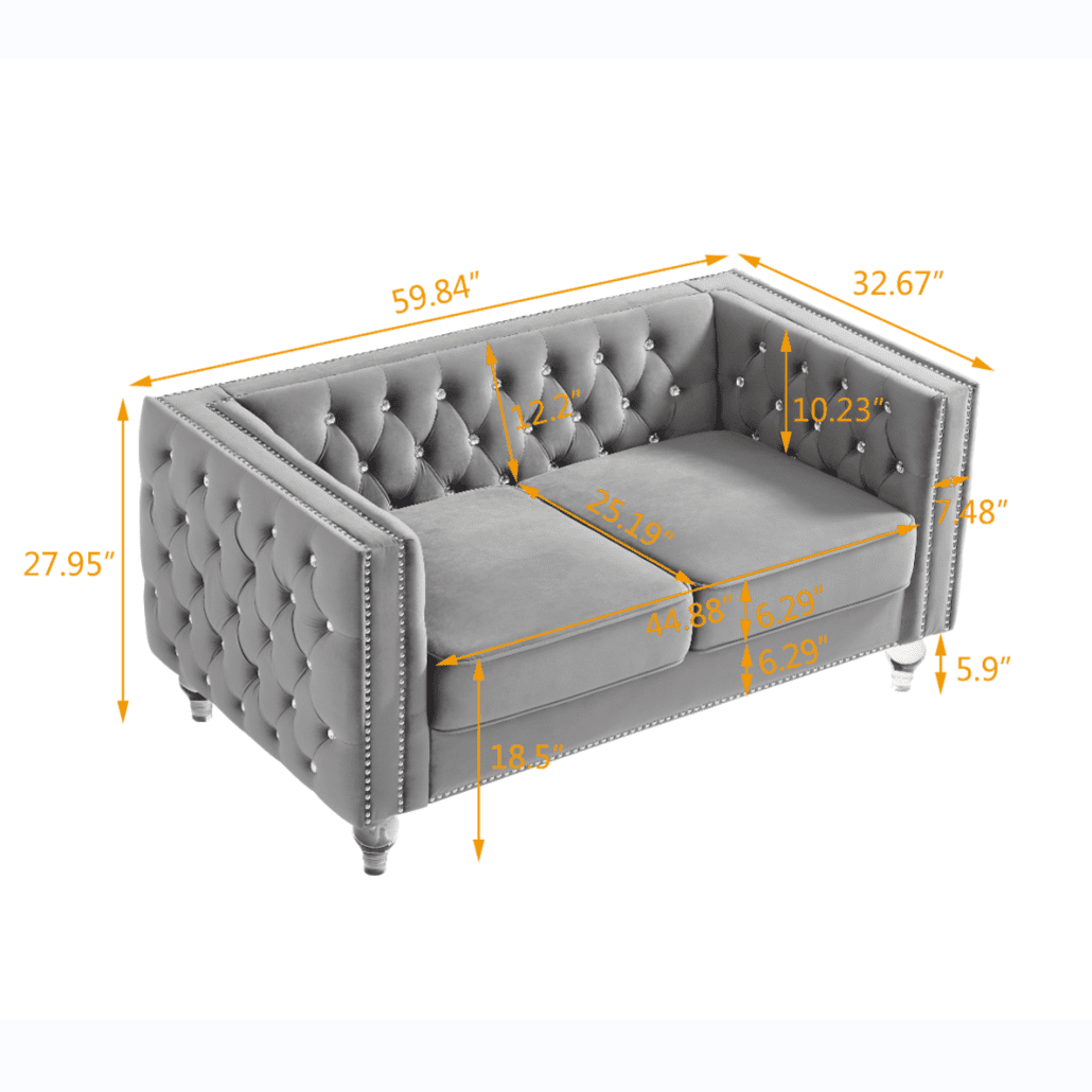 Modern Velvet Upholstered Loveseat Sofa with 2 Plush Pillows, Leisure 2-Seater Couch with Crystal Feet and Buckle, Lounge Sofa for Living Room, Bedroom, Office, Apartment, Gray