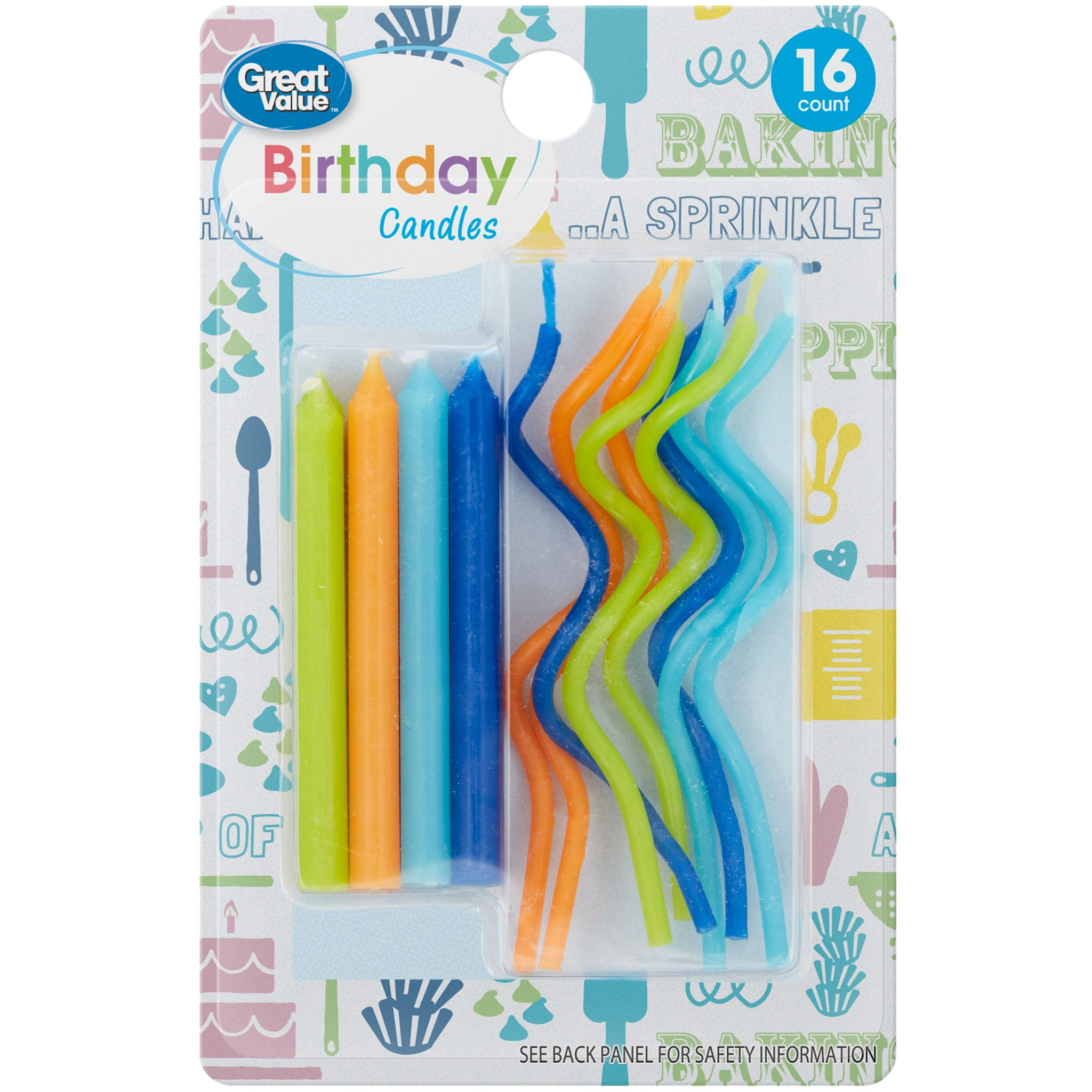 Great Value Bright Straight & Wavy Birthday Candles, Assorted Colors, 16 Count