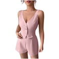 thumbnail image 2 of TEAJOPSUU Women Summer 2 Piece Outfits Sleeveless V Neck Button Down Spaghetti Strap Crop Vest Tops High Waisted Pleated Shorts Sets Casual Matching Sets Pink, 2 of 5