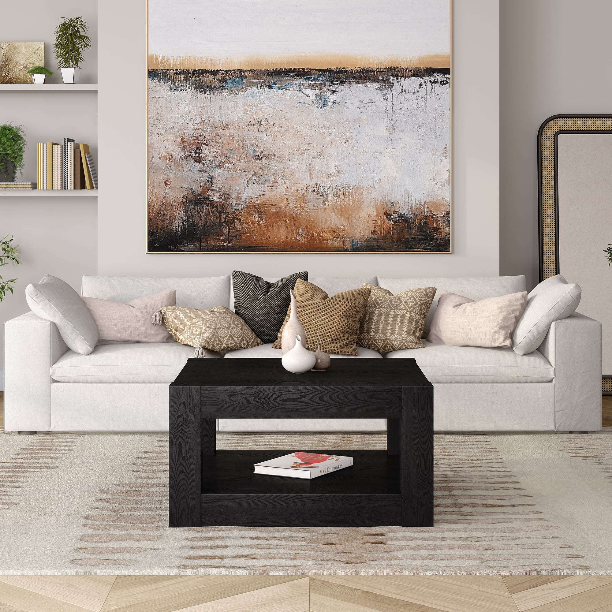Evelyn&Zoe Hughes 32" Wide Square Coffee Table, Black Grain