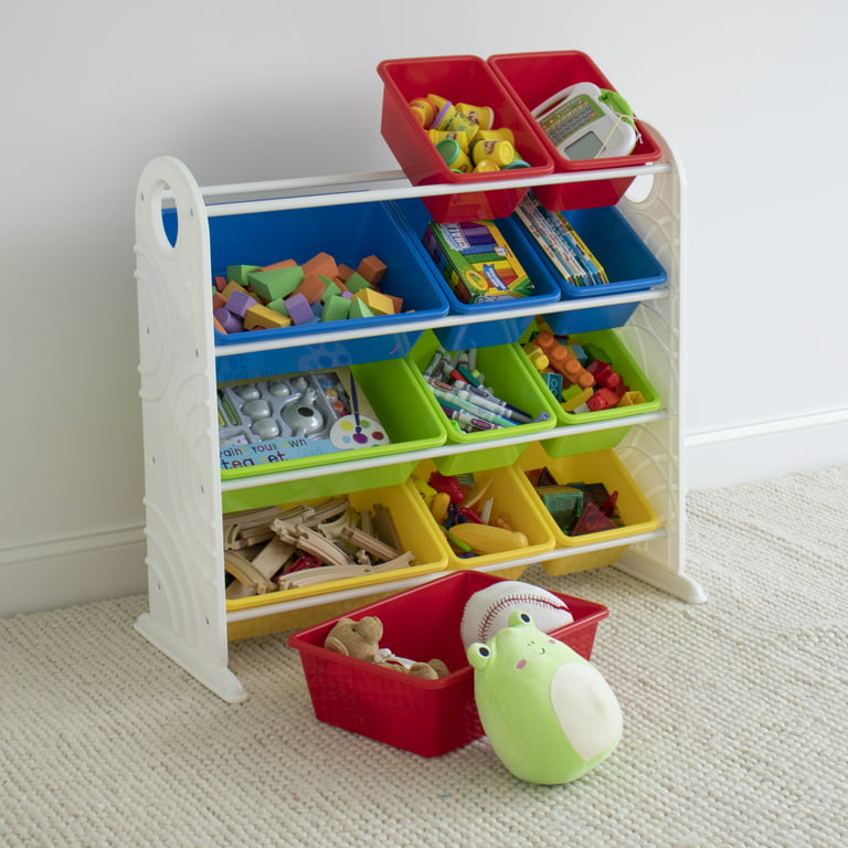 Your Zone Mocha Plastic Toy Storage Organizer with 12 White Plastic Storage Bins