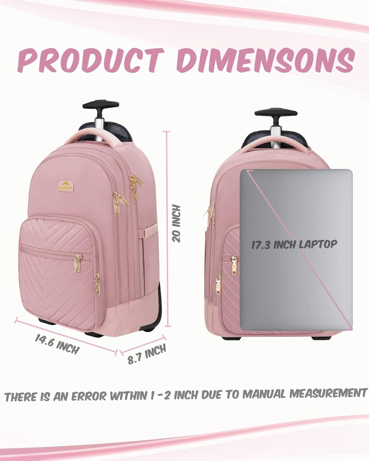 Matein Rolling Travel Backpack for Women, 17 inch Waterproof Carry on Luggage Bag with Wheels , Pink