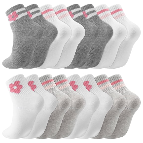 Bocaoying Girls Cotton Athletic Crew Socks, Retro Stripes & Flower Patterns, 8 Pairs, Ages 6-12