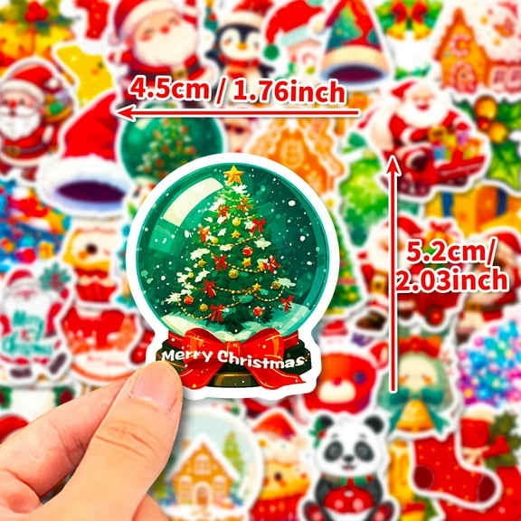 50-Pack Christmas Holiday Stickers - Festive Christmas Tree, Santa, Snowflake, Snow Globe, and Bell Decals for Seasonal Décor