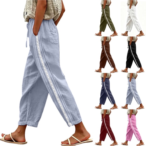 Bloomae Women Linen Pants Lightweight Casual Summer Side Striped Lace Eyelet Decor Lounge Pants Summer Drawstring Elastic Waist Beach Vacation Comfy Trousers with Pockets
