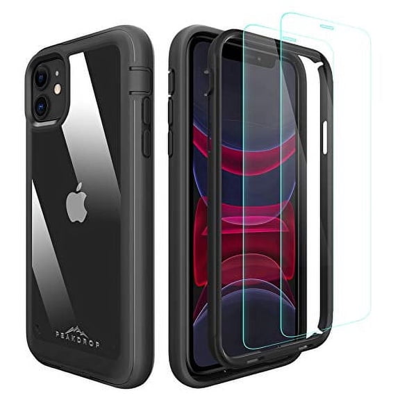 PeakDrop iPhone 11 Case, Clear Full Body Heavy Duty Protective Case Full Body Transparent Cover Fits Apple iPhone 11 (2X Glass Screen Protector Included) (6.1 inch, 2019) - Black