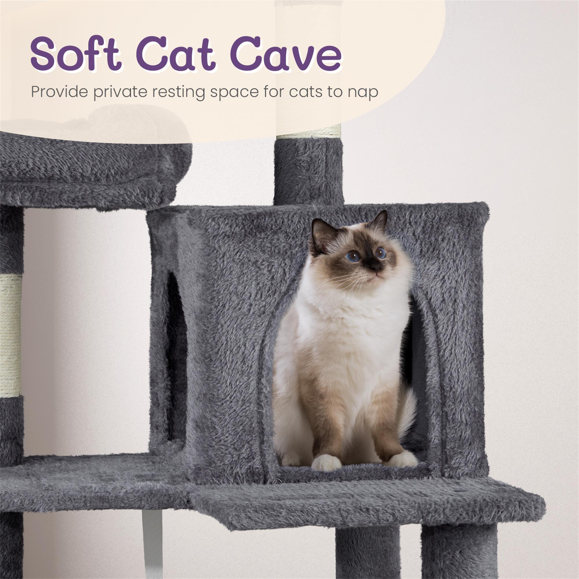 Kadyn 58" Cat Tree Tower for Indoor Cats, Cat House with Padded Platform Bed, Toy Balls, Large Cozy Condo, Hammocks and Sisal Scratching Posts, Dark Gray