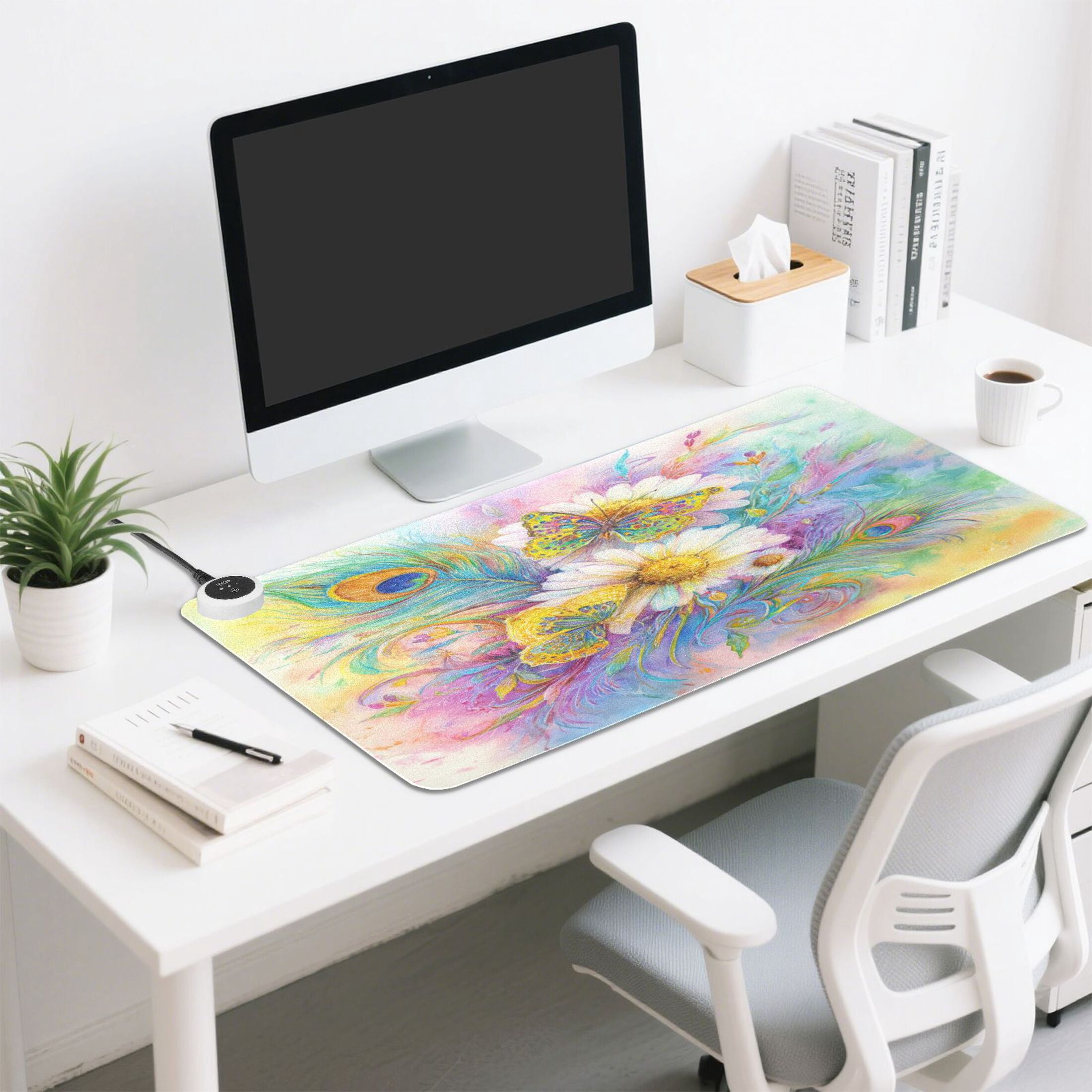 Large Heated Desk Mat Mouse Pad 31.5"x13"PU Leather Graphene Heating Desk Warmer with 3 Temperature Settings 110V US Plug Non-Slip Warm Pad for Home, Office, and Gaming Peacock Feathers Art Pattern