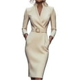 thumbnail image 2 of Women's Dress Long Sleeve French Style Chic Elegant Waist Cinching Blazer Dress for Office Commuting Spring Fall,Beige,L, 2 of 4