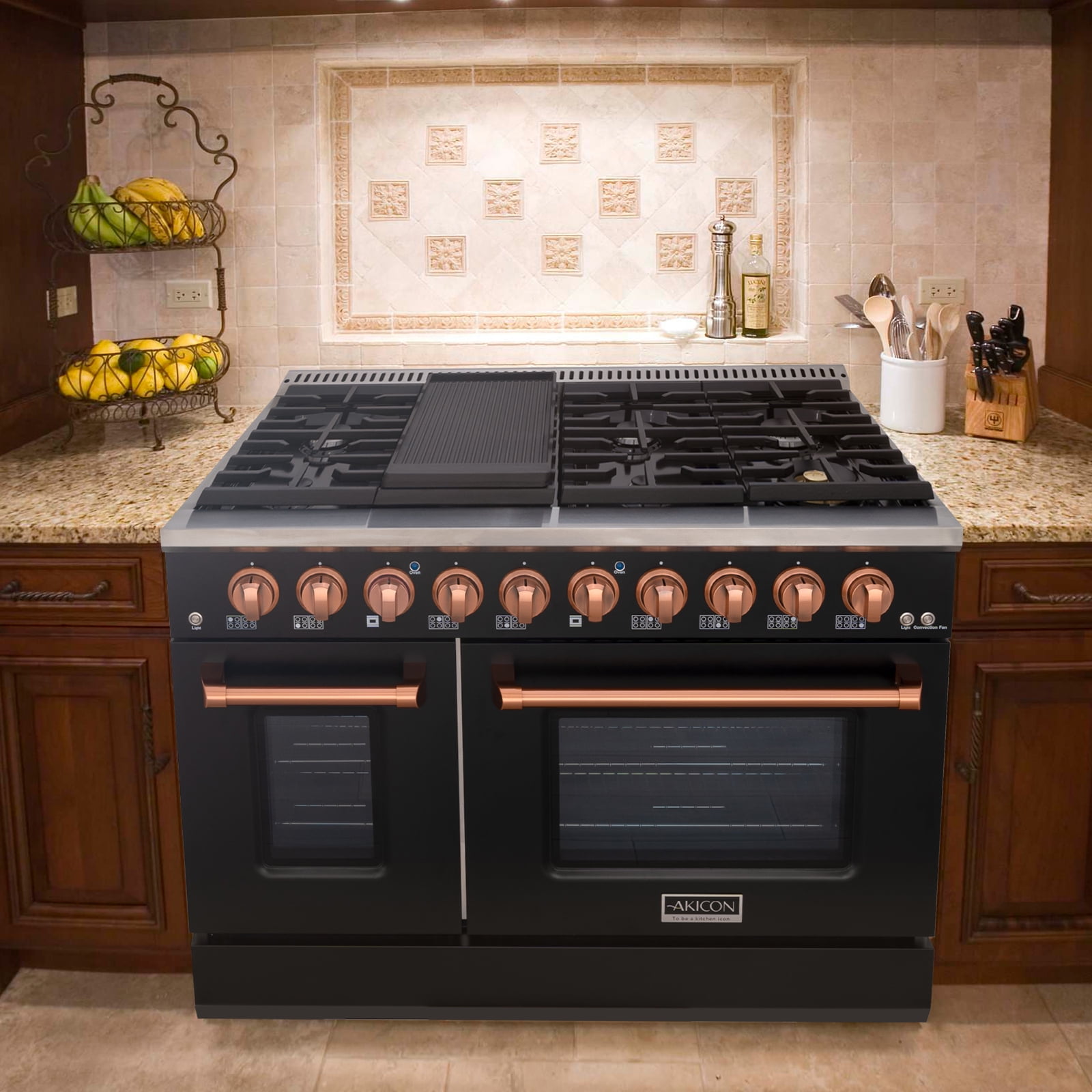 Akicon 48" Slide-in Freestanding Professional Style Gas Range with 6.7 cu. ft. Oven, 8 Burners, Convection Fan, Cast Iron Grates, & Blue Porcelain Oven Interior, Black with Copper