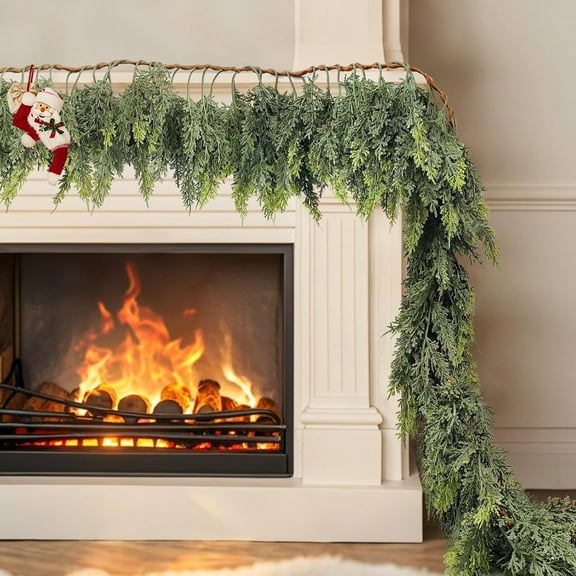 Guvpev 6FT Real Touch Christmas Garlands - Artificial Cedar Garland Realistic Faux Cedar Pine Needles Greenery Garland for Mantel, Fireplace, Holiday, Seasonal Decor, Indoor Outdoor Xmas Decorations