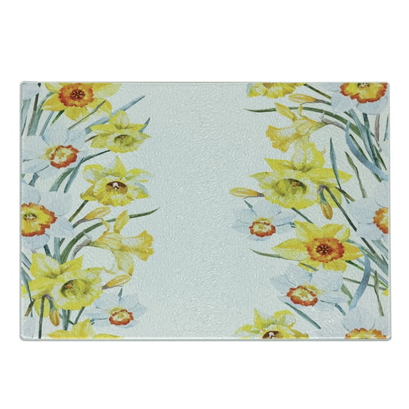 Daffodil Cutting Board, Spring Flowers Composition for Blossoming Results Natural Print, Decorative Tempered Glass Cutting and Serving Board, Small Size, Yellow White Red, by Ambesonne