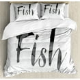 thumbnail image 1 of Fishing Theme Duvet Cover Set Queen Size, Fish Writing in Watercolor Style on Dusty Background Abstract Art, Decorative 3 Piece Bedding Set with 2 Pillow Shams, Dark Grey Pale Grey, by Ambesonne, 1 of 3