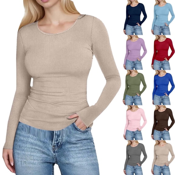 yillto Womens Basic Tops Ribbed Long Sleeve Shirts Slim Layered Tee Crewneck Stretchy Undershirts