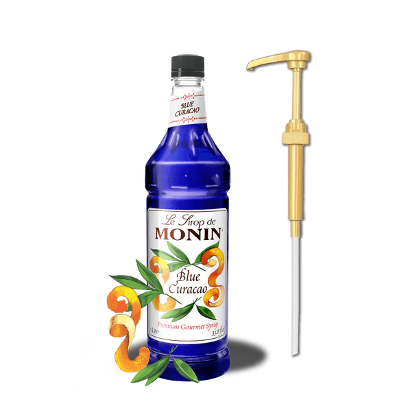Monin Blue Curacao Premium Gourmet Syrup, 33.8 fl oz (1 Liter) Bottle   Gold Pump