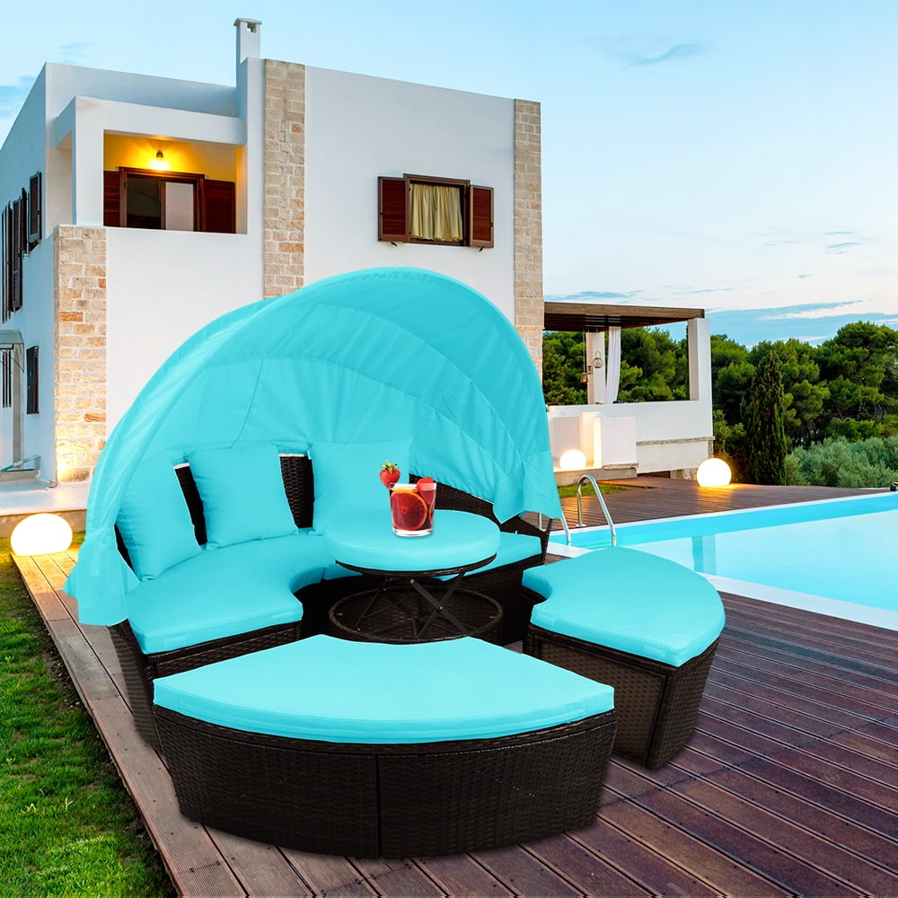 Outdoor Daybed, Patio PE Rattan Daybed with Retractable Canopy
