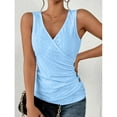 thumbnail image 2 of Wrap V Neck Ruched Tank Top Women Plain Color Waist Gathered Eyelet Hollow Button Decor Sleeveless Shirt Blue XL, 2 of 4