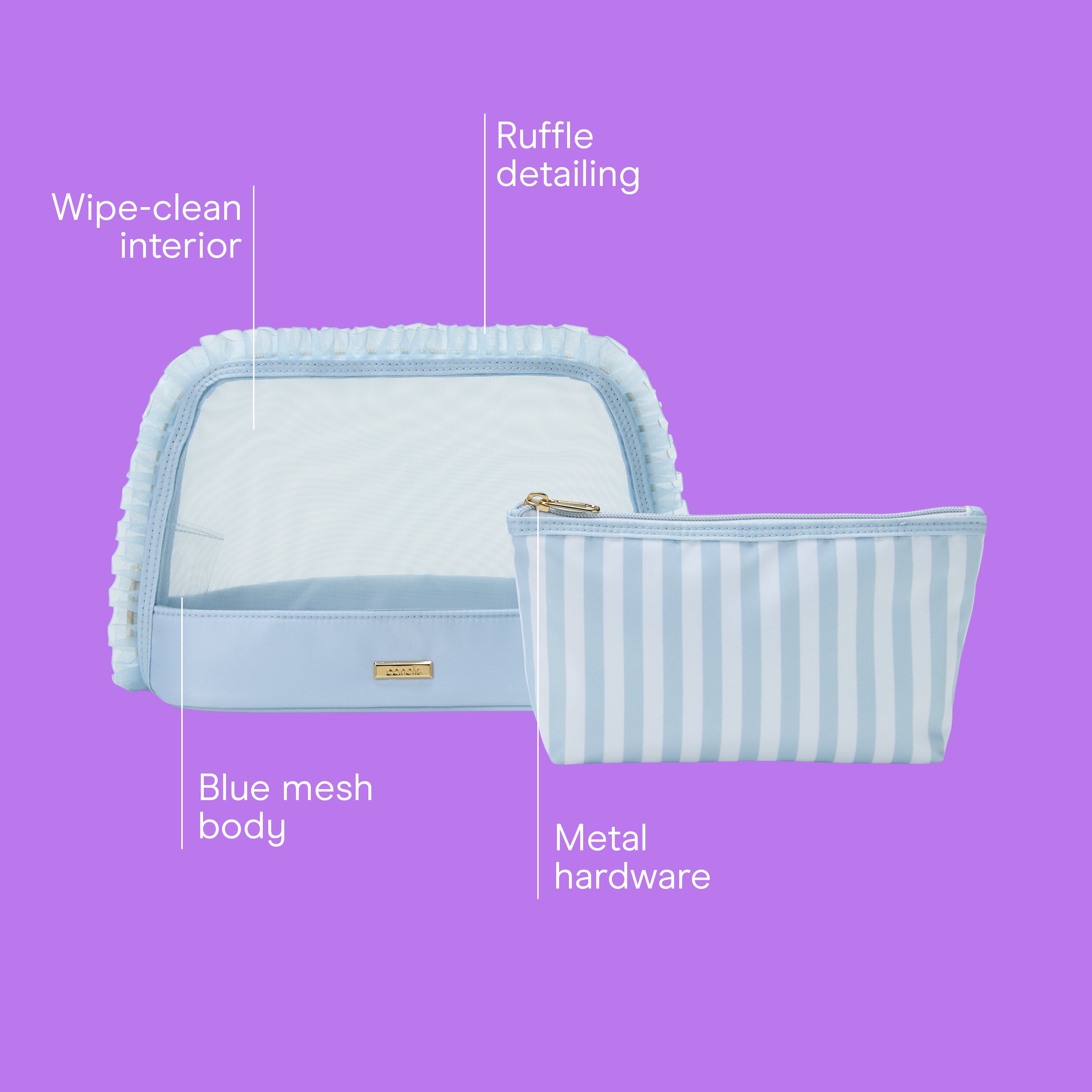 Conair Blue Mesh Vanity Bag, Makeup Organizer Bag with Matching Pouch, 2-Piece Set