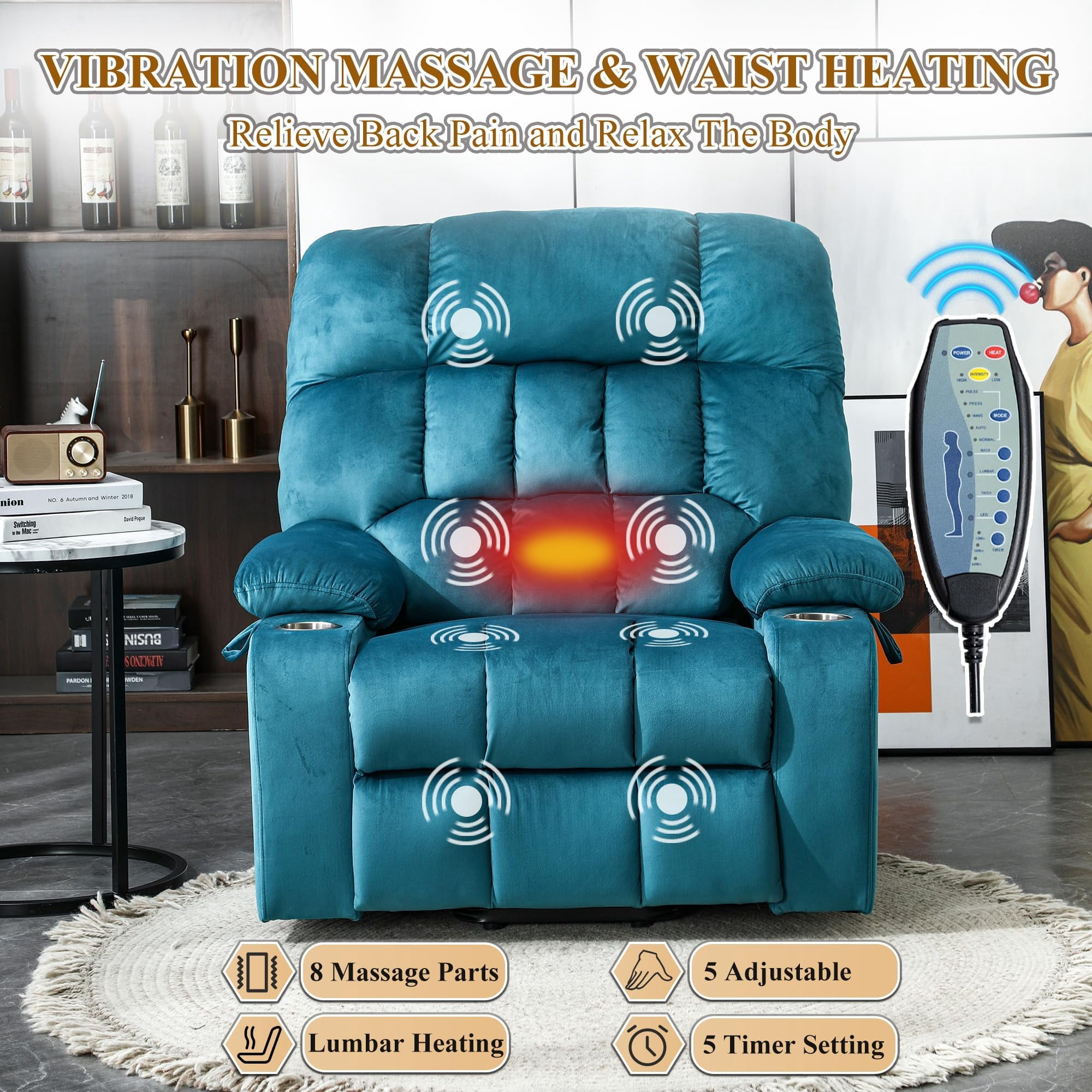 Oversized Power Recliner Chair for Big Man 400 LBS, 25" Extra Wide Electric Lift Chair with Heat and Massage, Cup Holders, Overstuffed Velvet Stand Up Recliner Lift Chairs for Elderly