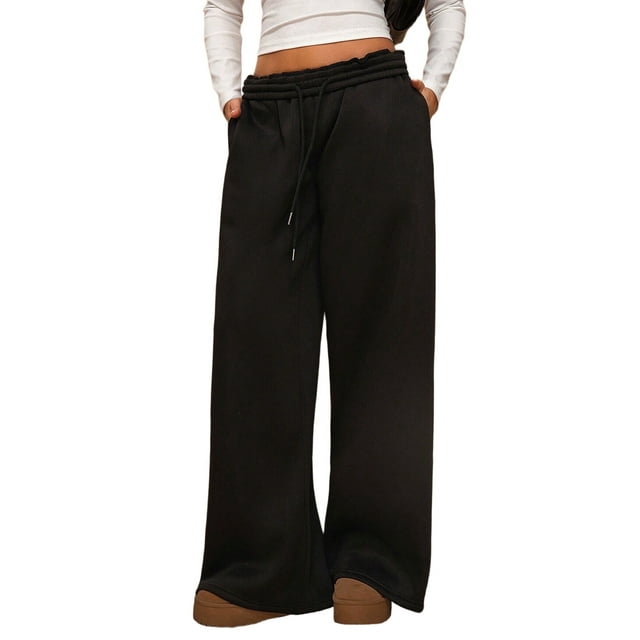Pantalones Deportivos de Pierna para Mujer, Cintura Alta, Holgados, con Cordón Interior y Pierna Recta. Negro M